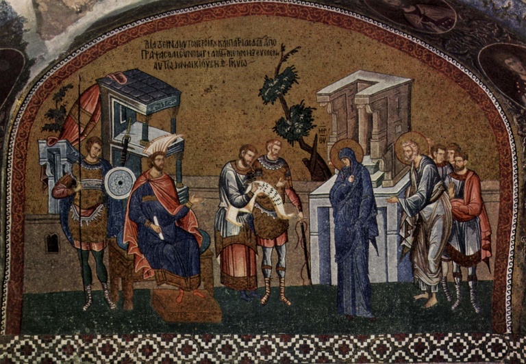 Byzantine mosaic from the Church of the Holy Saviour in Chora, Constantinople depicting Mary and Joseph registering for the census